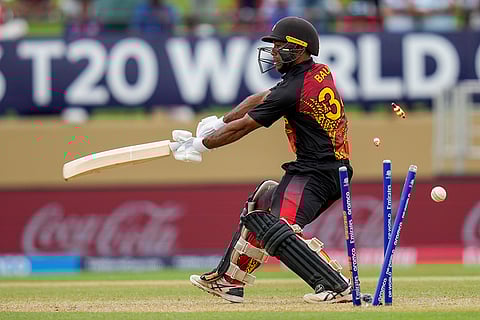 Sese Bau is bowled by Alzarri Joseph